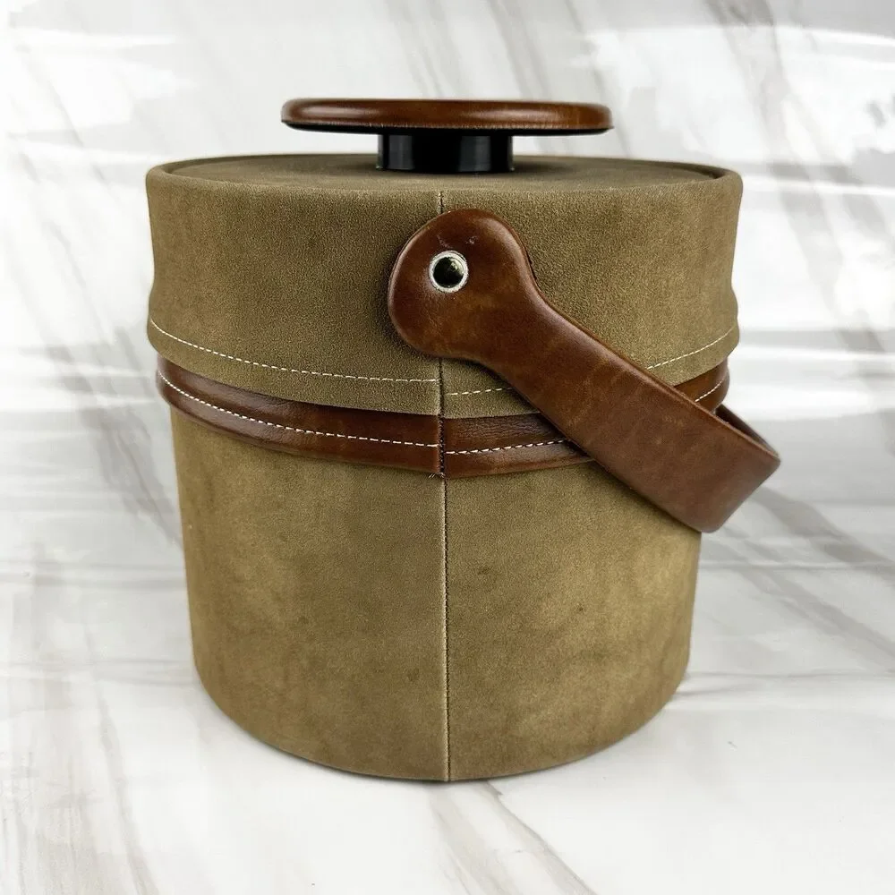 Vintage MCM Elmar Mfg Ice Bucket Brown Faux Suede & Vinyl